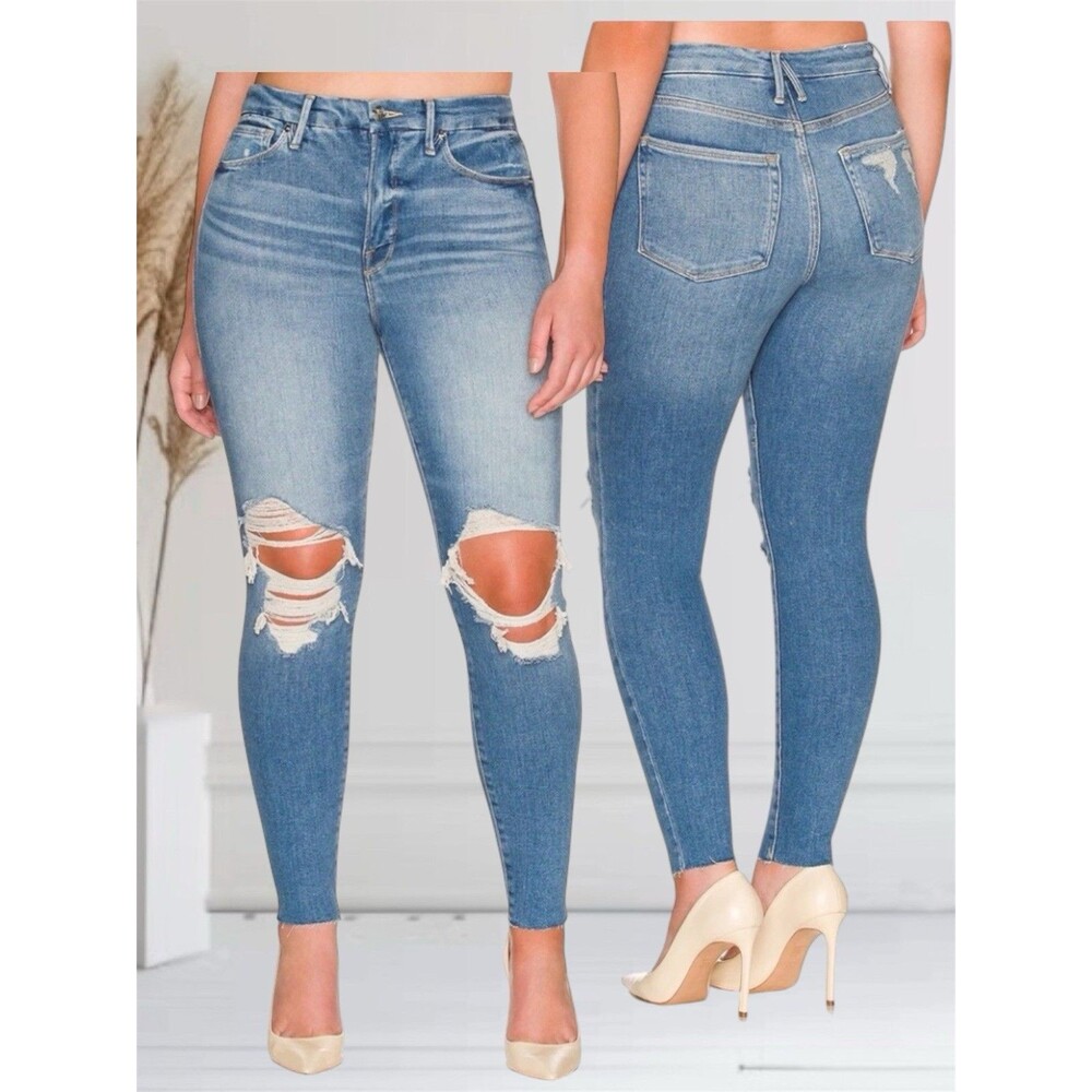 Good American Good Waist Skinny GW731T Women's High-Rise Size 6/28 Raw Hem Jeans